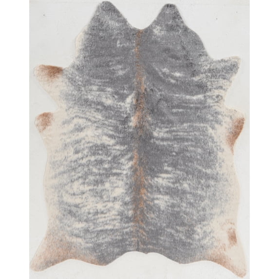 Linon Faux Hide Area Rug Collection, Gray and Ivory Brindle, 3.85' x 5' Cowhide Shape