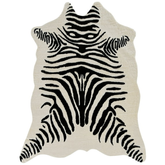 Linon Faux Hide Area Rug Collection, Ivory and Black Zebra, 3'10" x 5' Cowhide Shape