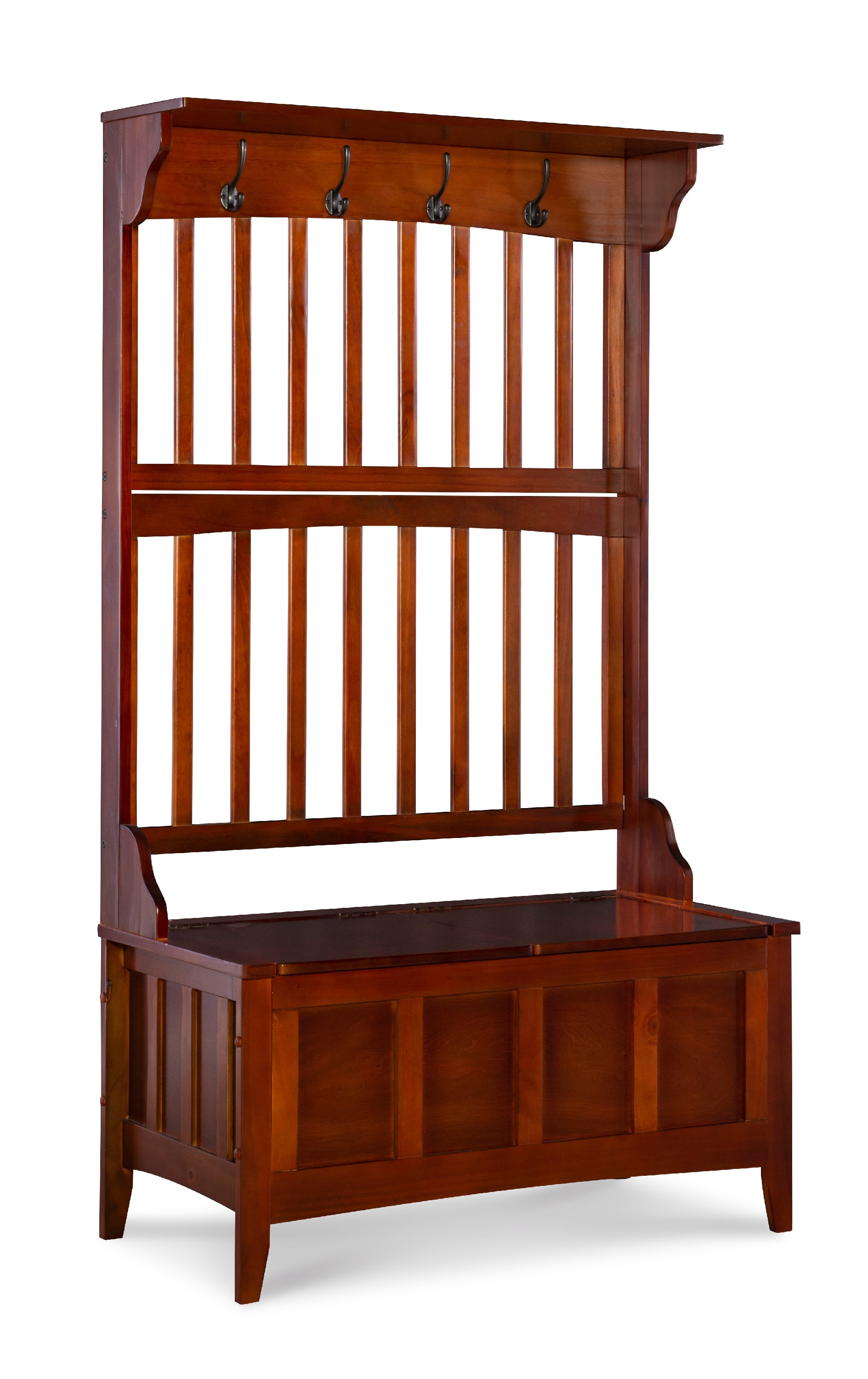 Linon Fletcher Free Standing Hall Tree with 4 Hooks and Split Seat Storage Bench, Walnut
