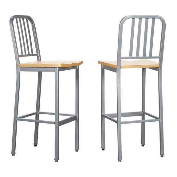 Linon Fostria 30" High Back Metal Bar Stools, Set of 2, Silver/Natural