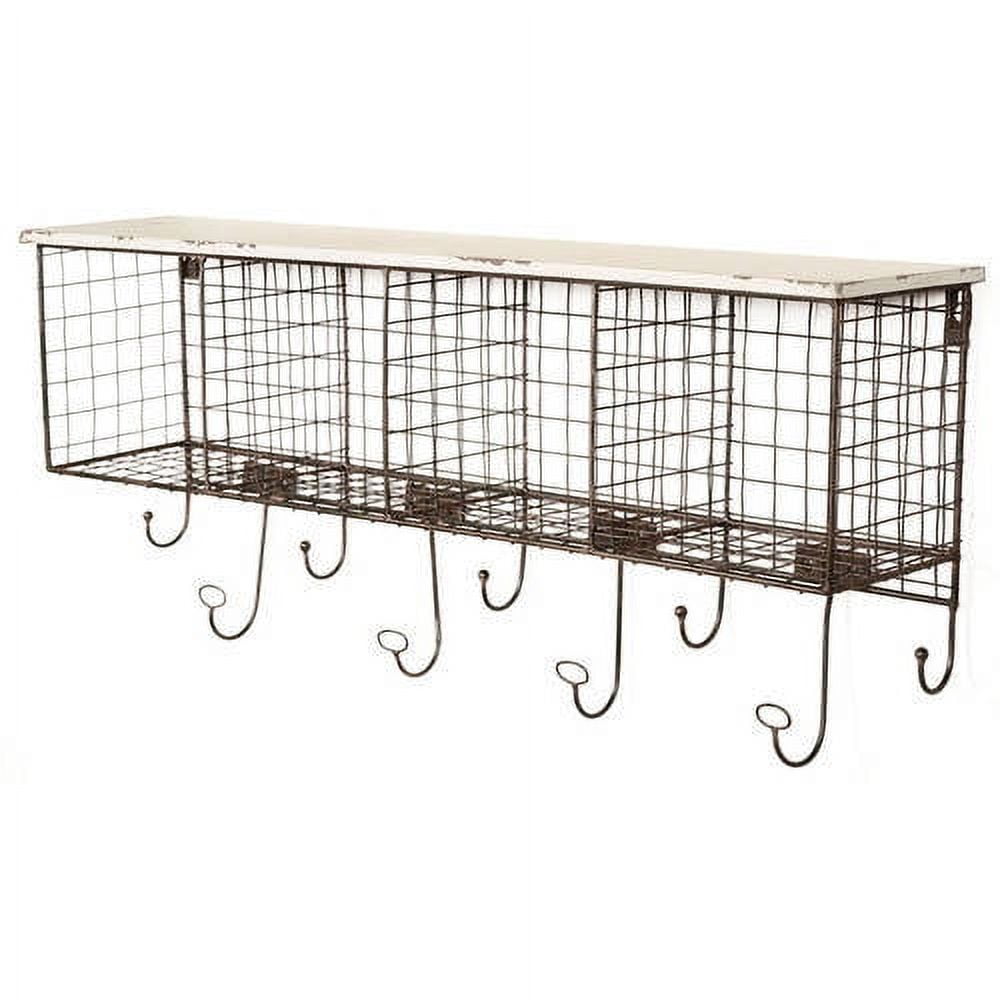 Distressed White Wood Floating Wall Shelf with Hooks