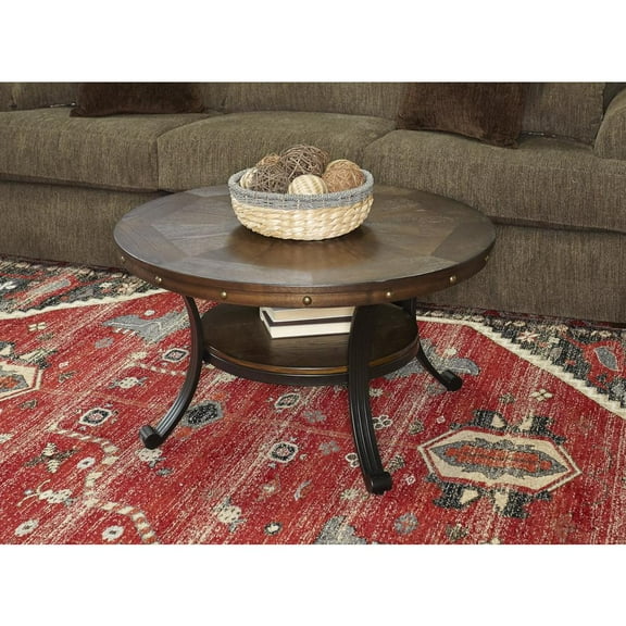 Linon Franklin Coffee Table Steel Legs Wood Top and Shelf in Rustic Umber Brown