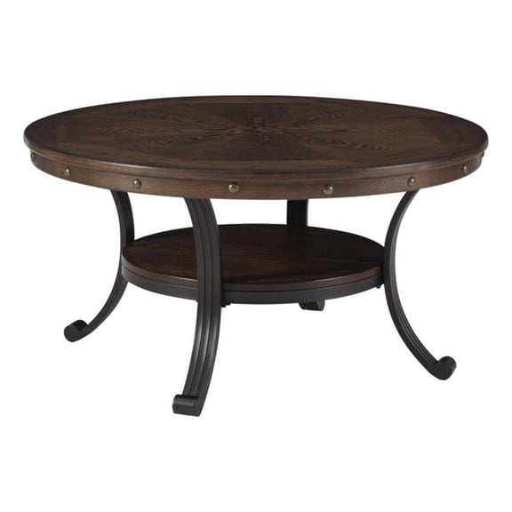 Linon Franklin Coffee Table Steel Legs Wood Top and Shelf in Rustic Umber Brown