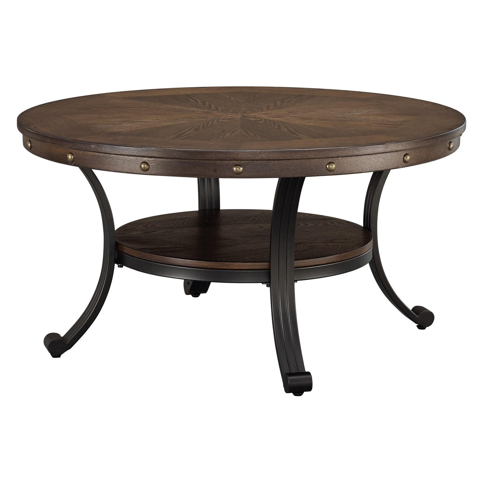 Rustic Umber Brown Franklin Round Cocktail Table with Nailhead Accents