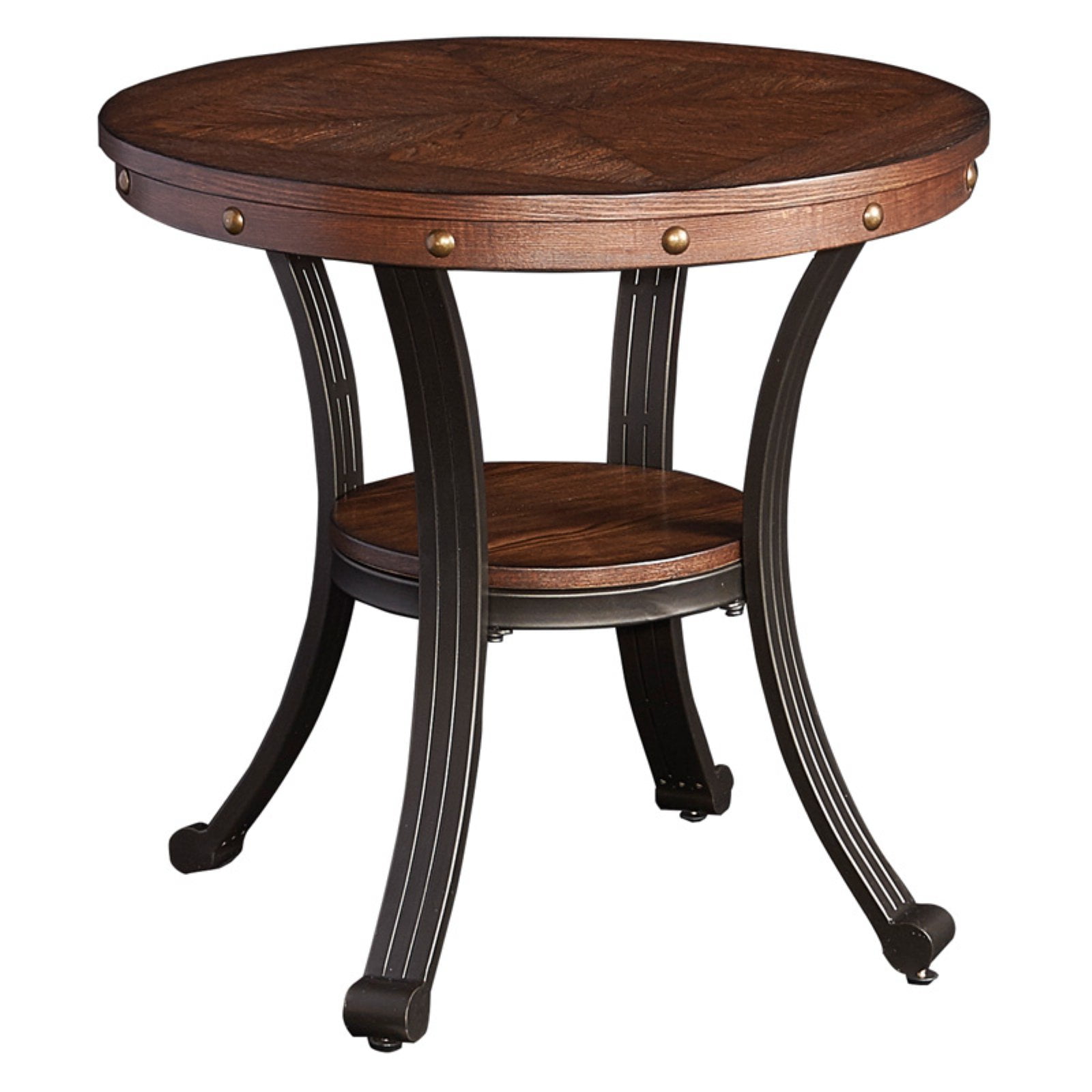 Linon Franklin End Table Steel Legs Wood Top and Shelf in Rustic Umber