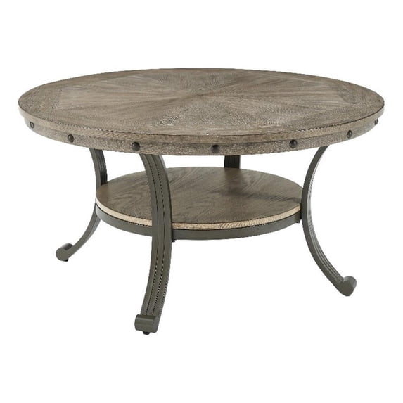 Linon Franklin Round Coffee Table Gray Wood Finish Steel Base in Pewter