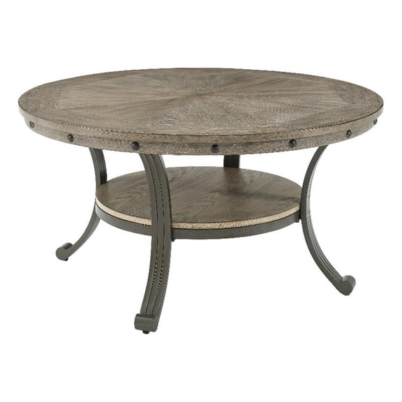 Linon Franklin Round Coffee Table Gray Wood Finish Steel Base in Pewter