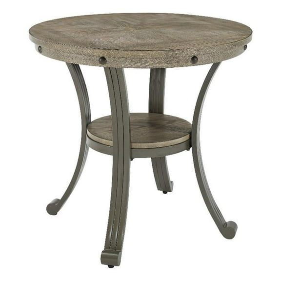 Linon Franklin Round Side Table Gray Wood Finish Steel Base in Pewter