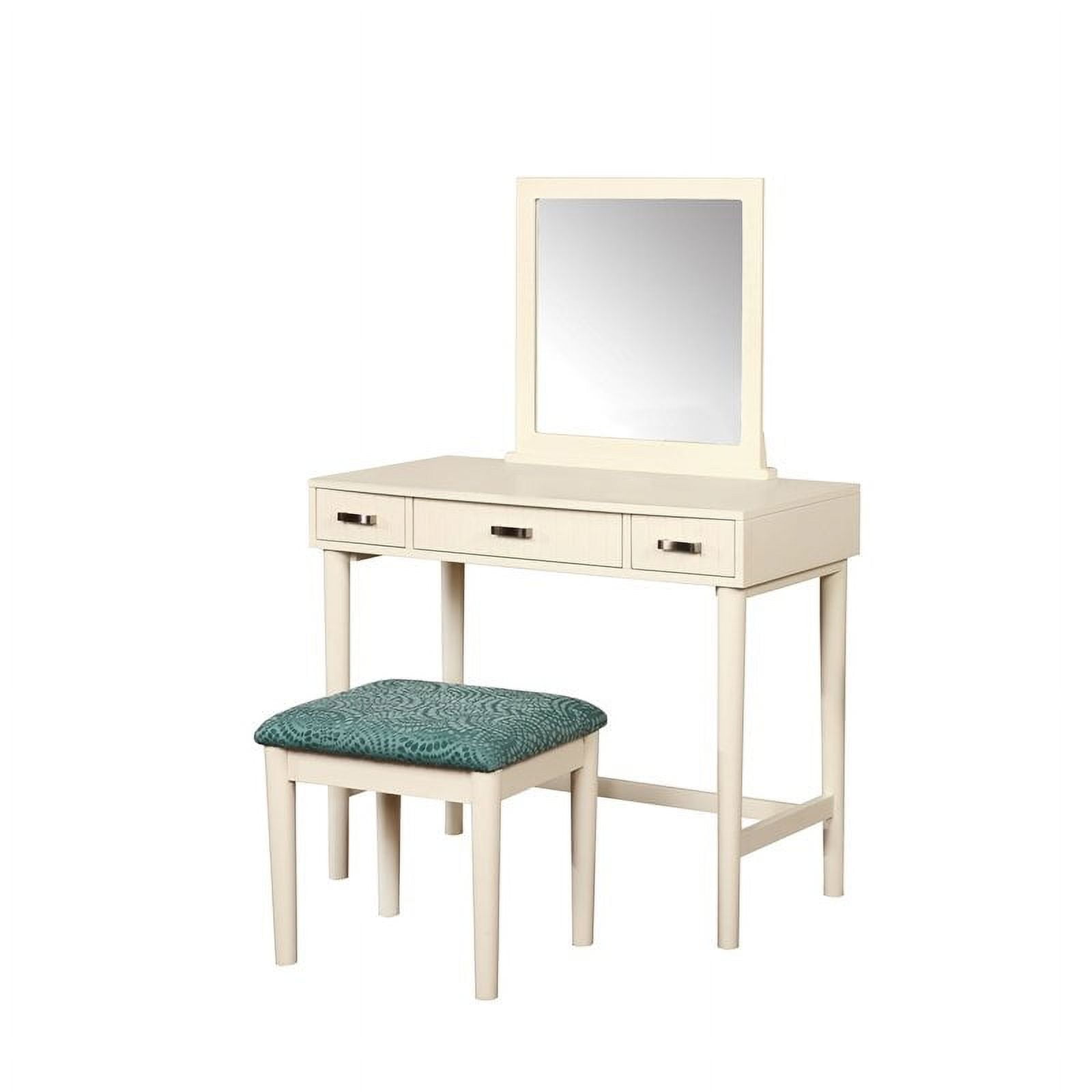 Cream Wood Vanity Set with Green Upholstered Stool and Mirror