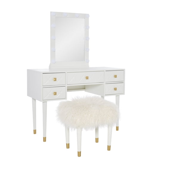 Linon Ginzel Vanity Set with Stool, White/White