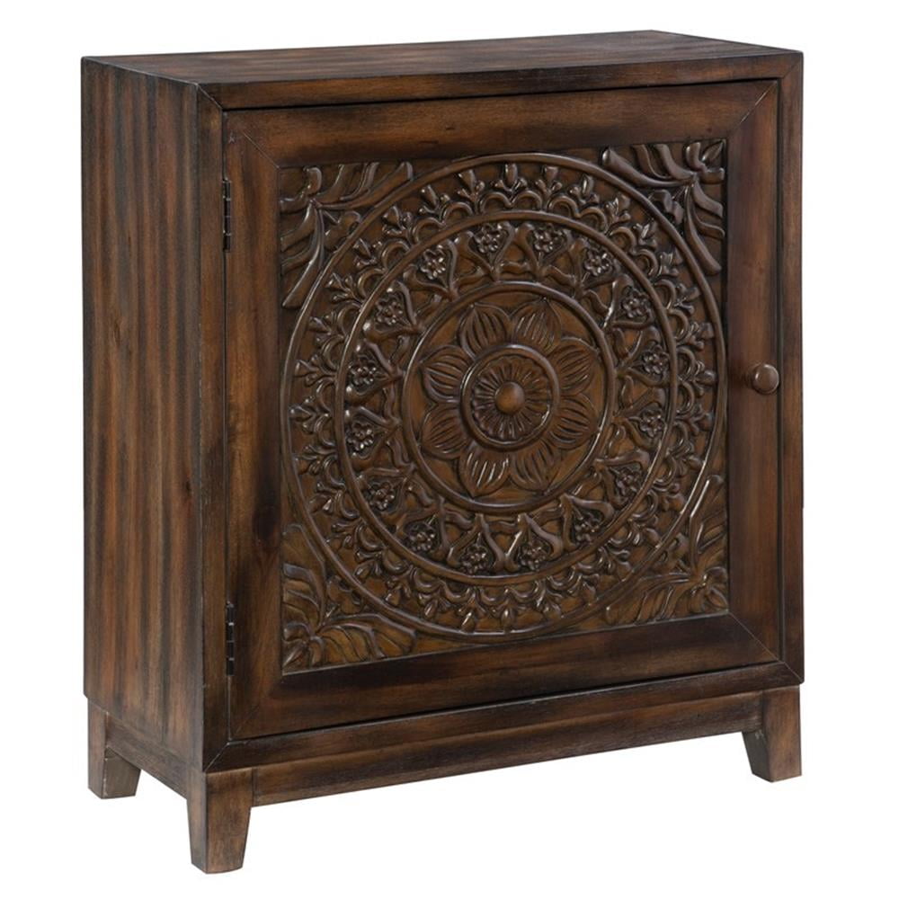 Dark Brown Hand Carved Wood Accent Cabinet with Adjustable Shelving