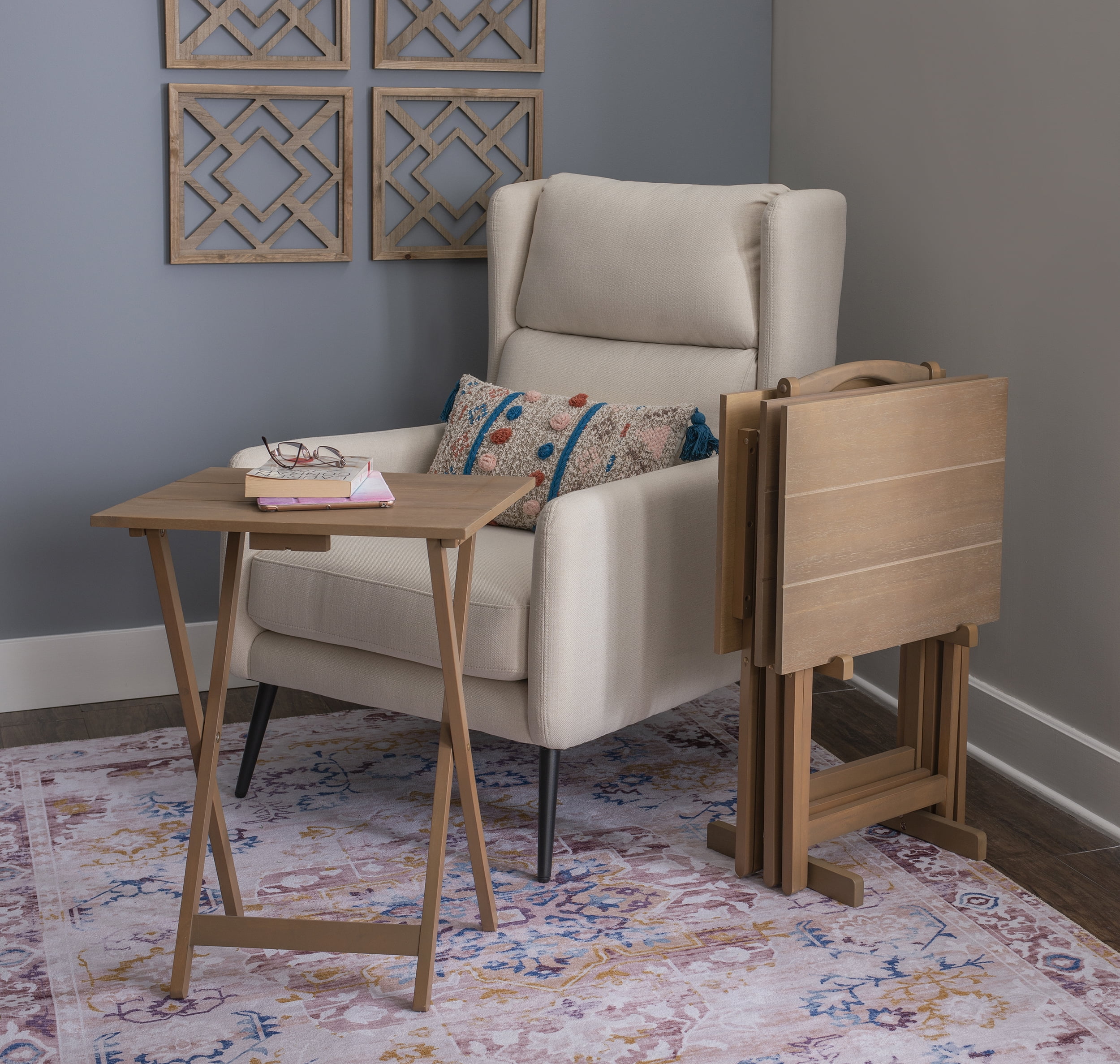 Linon Acacia Wood Five Piece Tray Table Set with Planked Distressed Top in Gray