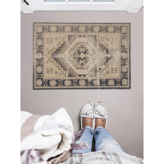 Contemporary Home Living 2' x 3' Medallion Flower Border Area Throw Rug - Cream and Navy Blue