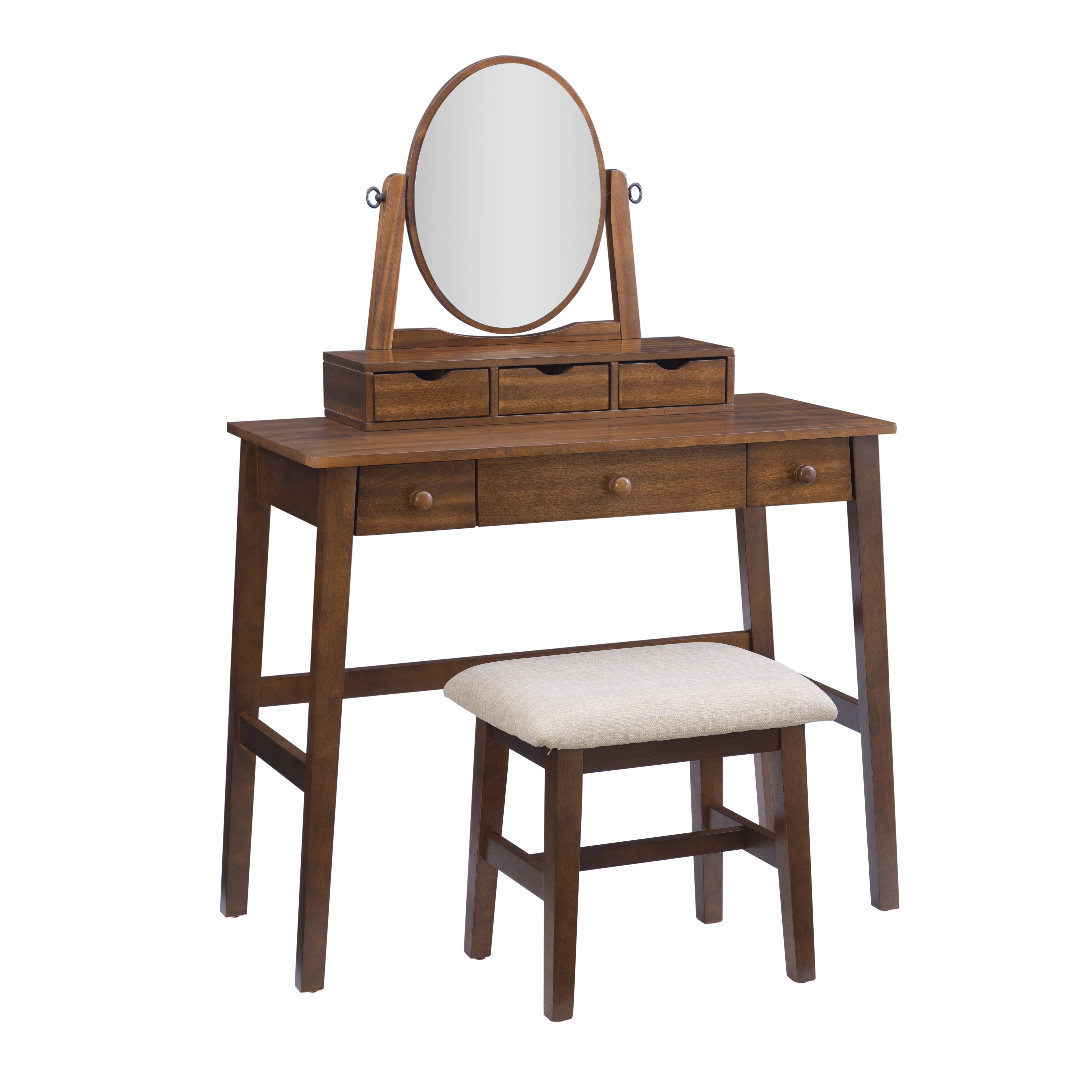 Linon Gwen 2-Piece Vanity Set, Includes Vanity and Bench, Walnut Finish with Natural Fabric