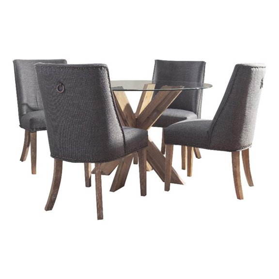Linon Hale 5 Pce Upholstered Dining Set Round Table in Natural Wood/Gray Fabric