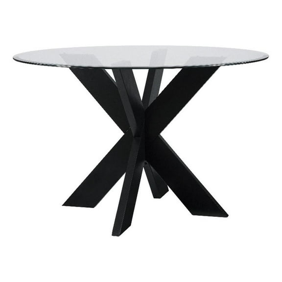 Linon Hale Dining Table Criss Cross Base and Round Glass Top in Black Wood