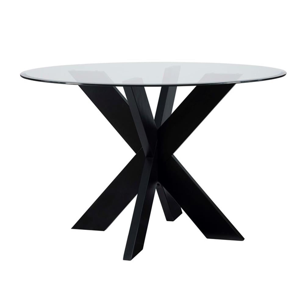 Linon Hale Dining Table Criss Cross Base and Round Glass Top in Black