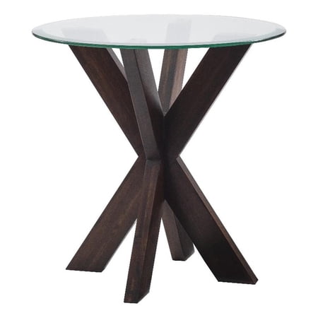 Linon Hale Side Table Criss Cross Base and Round Glass Top in Espresso Wood