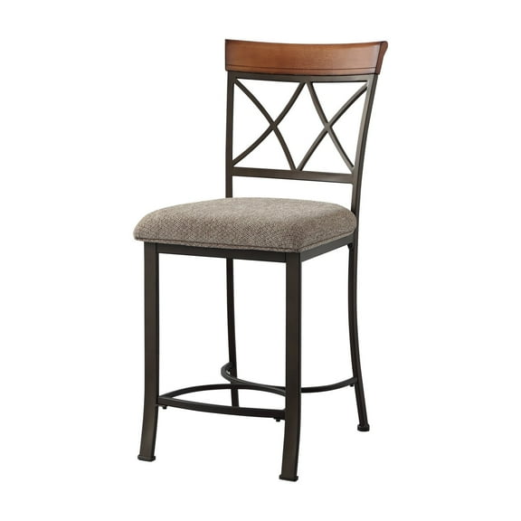Linon Hamilton Metal Counter Stool Padded Beige Seat Wood Trim in Matte Pewter