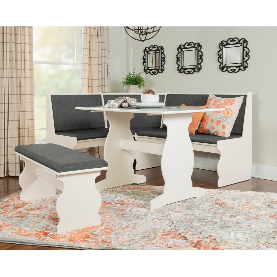 Linon Hannah 3 Piece Breakfast Nook Dining Set Farmhouse Style Corner Kitchen Table with Dimensions Walmart
