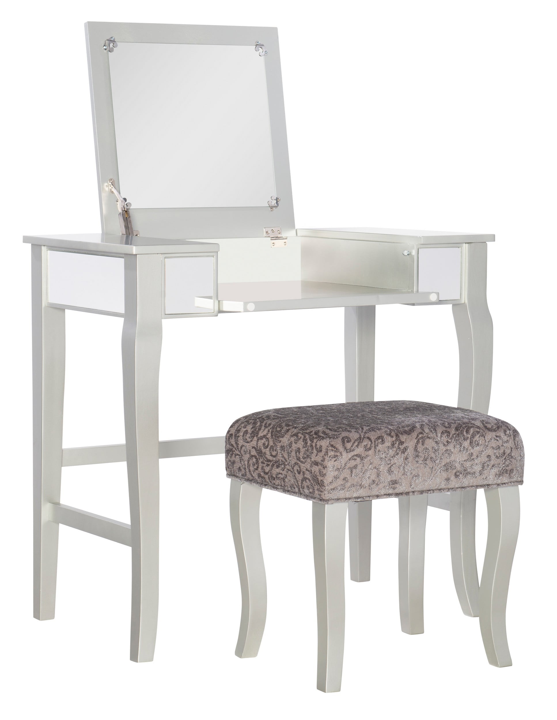 Harper Glam Silver Vanity Set with Flip-up Mirror and Gray Velvet Stool