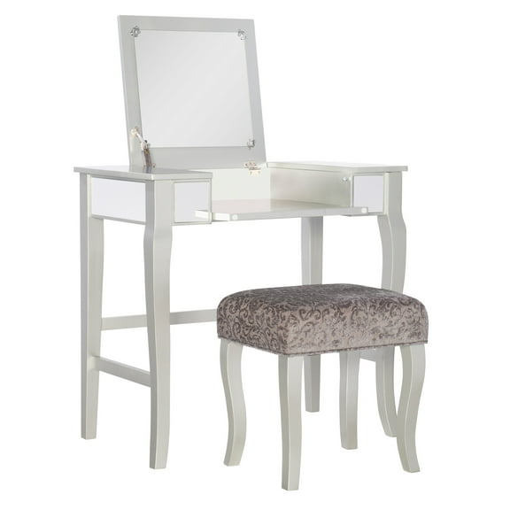 Linon Harper Wood Vanity & Padded Stool Set Front/Side Mirrored Panels in Silver