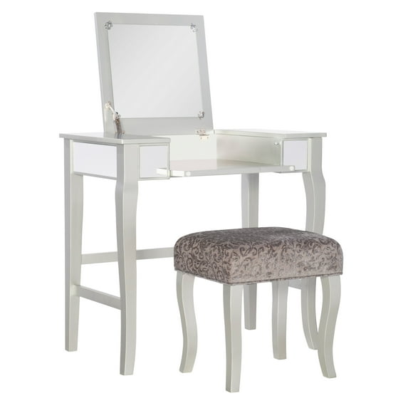 Linon Harper Wood Vanity & Padded Stool Set Front/Side Mirrored Panels in Silver