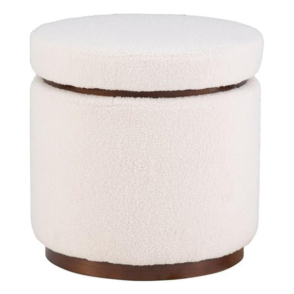 Linon Hawn Round Padded Storage Ottoman Dark Wood Trim in Natural Sherpa Fabric