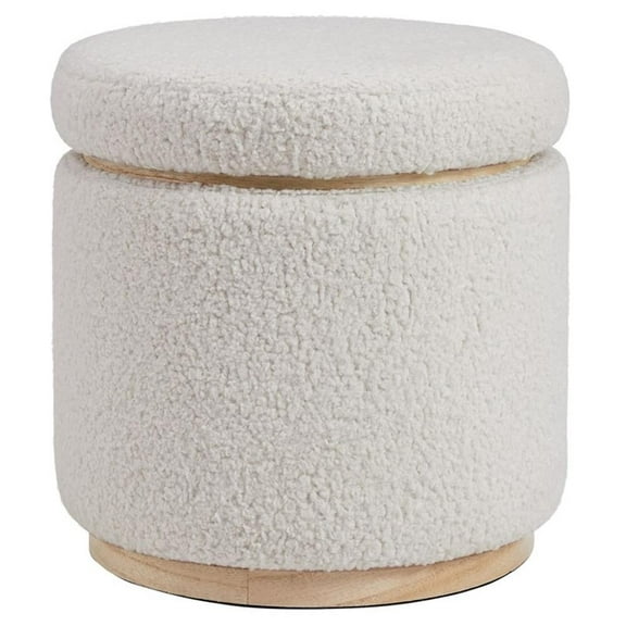 Linon Hawn Round Padded Storage Ottoman Light Wood Trim in Natural Sherpa Fabric