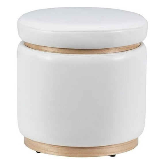 Linon Hawn Round Padded Storage Ottoman Light Wood in White Faux Leather