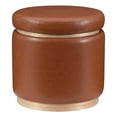 thumbnail image 1 of Linon Hawn Round Padded Storage Ottoman Wood Trim in Caramel Brown Faux Leather, 1 of 12