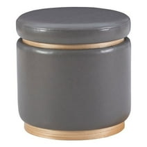 Linon Hawn Round Storage Ottoman Light Wood Trim in Gray Faux Leather