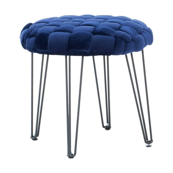 Linon Henson Round Stool Black Hairpin Legs Basketweave Seat in Navy Blue Velvet