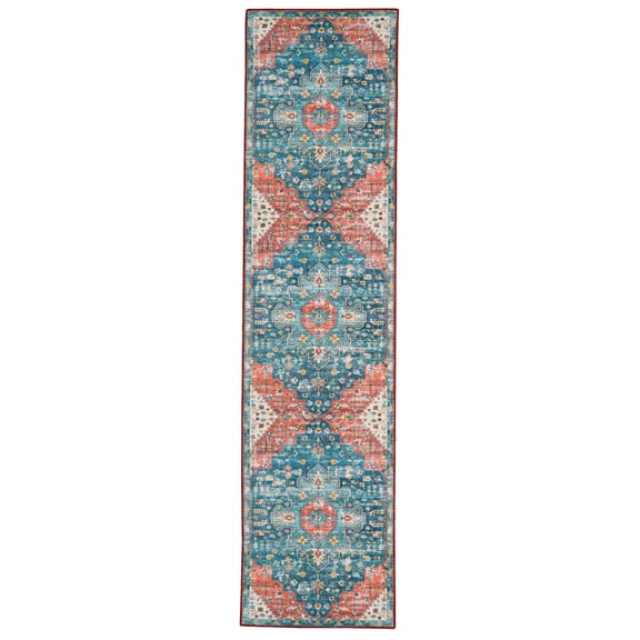 Linon Home Décor Washable Markum Area Rug or Runner Collection, Teal and Rust, 2' x 8'