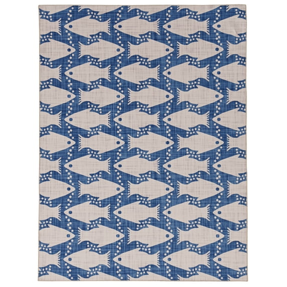Linon Home Décor Washable Seabourne Area Rug or Runner Collection, Ivory and Blue, 5' x 7'