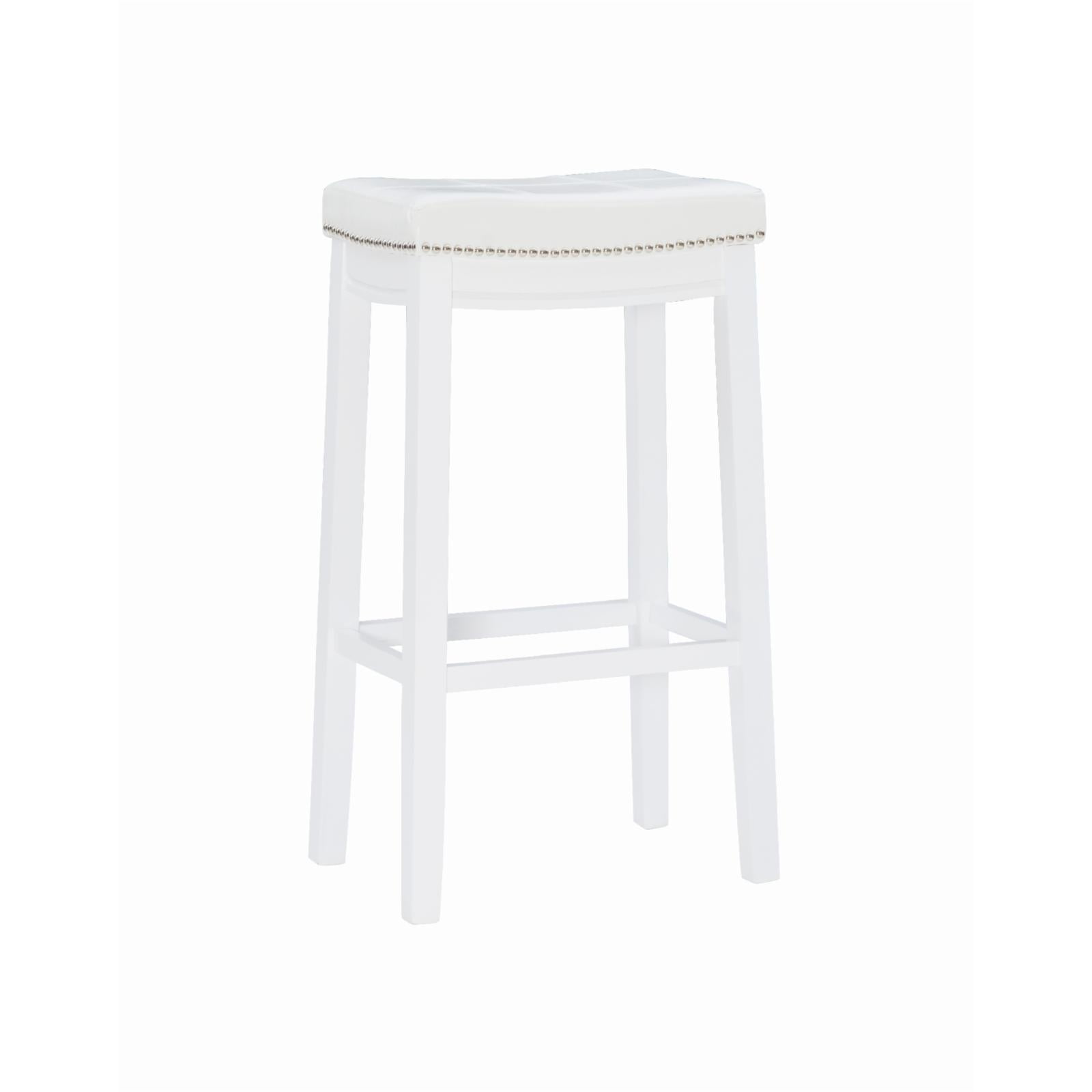 Claridge 32" White Faux Leather and Wood Saddle Barstool with Silver Nailheads