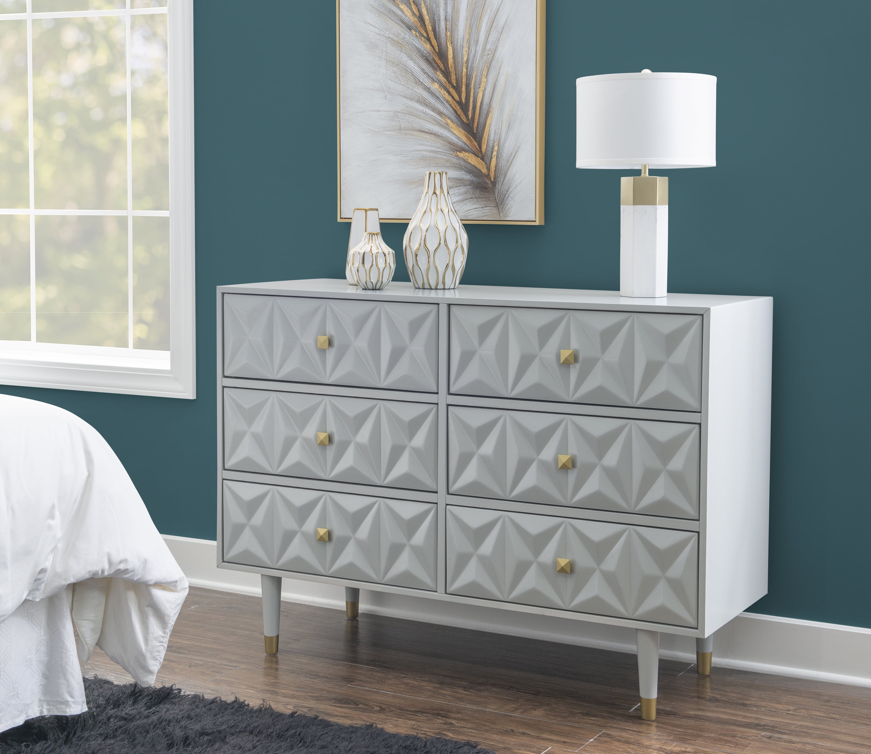 Geo Textured Glam Gray Dresser with Gold Accents and Deep Drawers