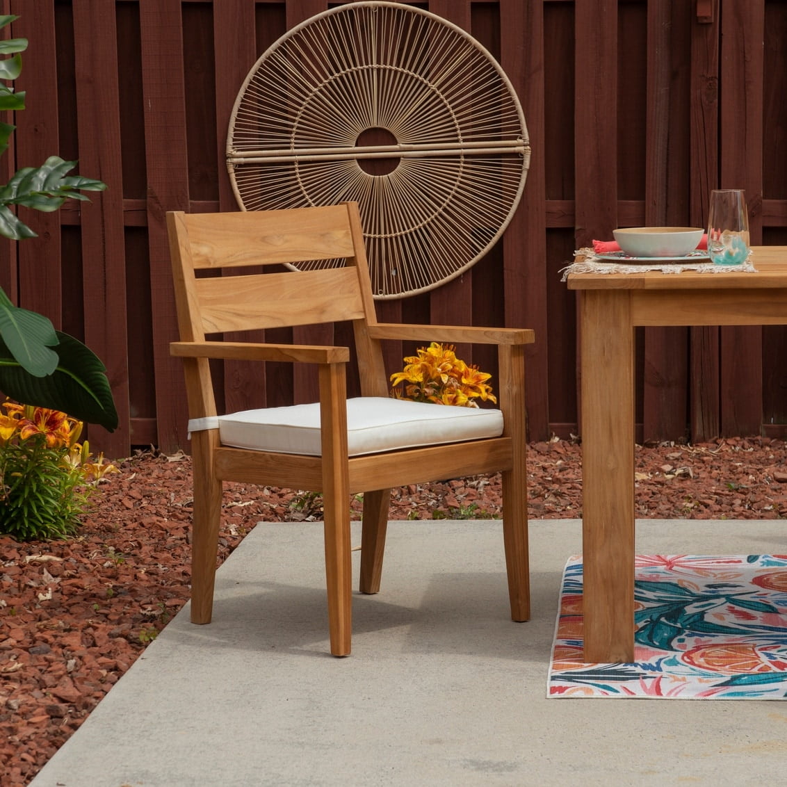 Natural Teak Outdoor Dining Arm Chair with White Cushion