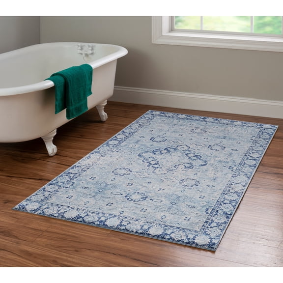 Contemporary Home Living 3.25' x 5' Medallion Floral Border Area Throw Rug - Navy Blue and Blue