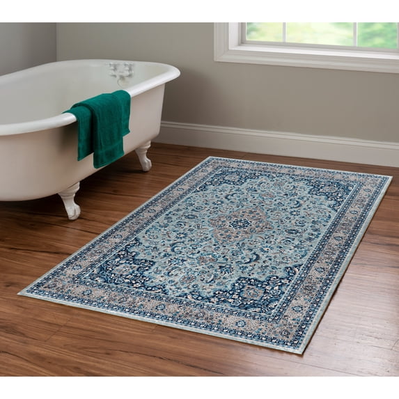 Contemporary Home Living 3.25' x 5' Floral Medallion Area Throw Rug - Blue and Cream