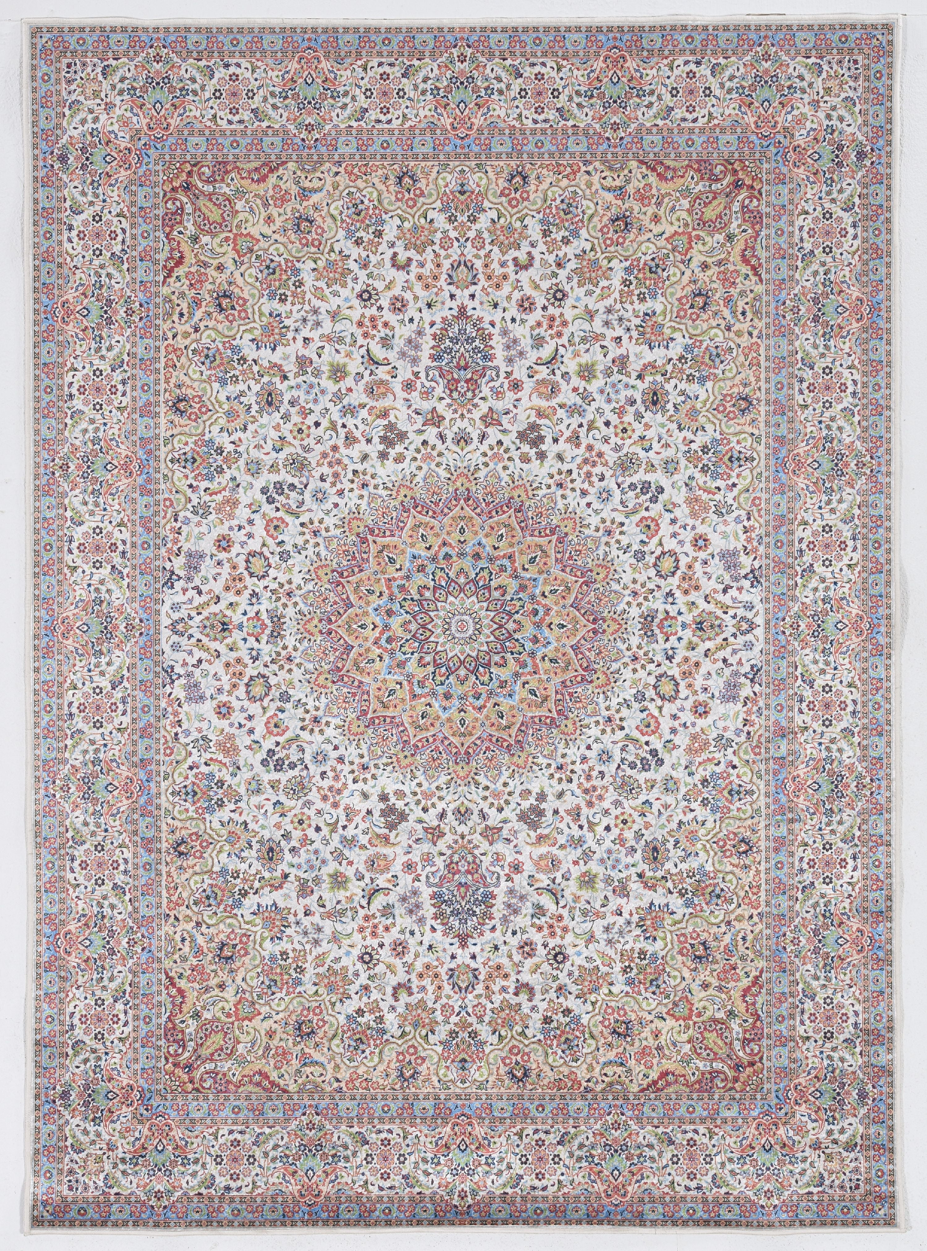 Ivory and Blue Rectangular Silk Synthetic Area Rug