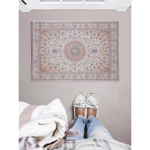 Contemporary Home Living 2.25' x 3.25' Floral Medallion Area Throw Rug - Cream and Blue