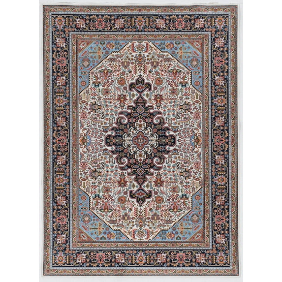 Linon Home Decor Emerald Area Rug Collection, Ivory and Blue, 6'7" x 9'7"