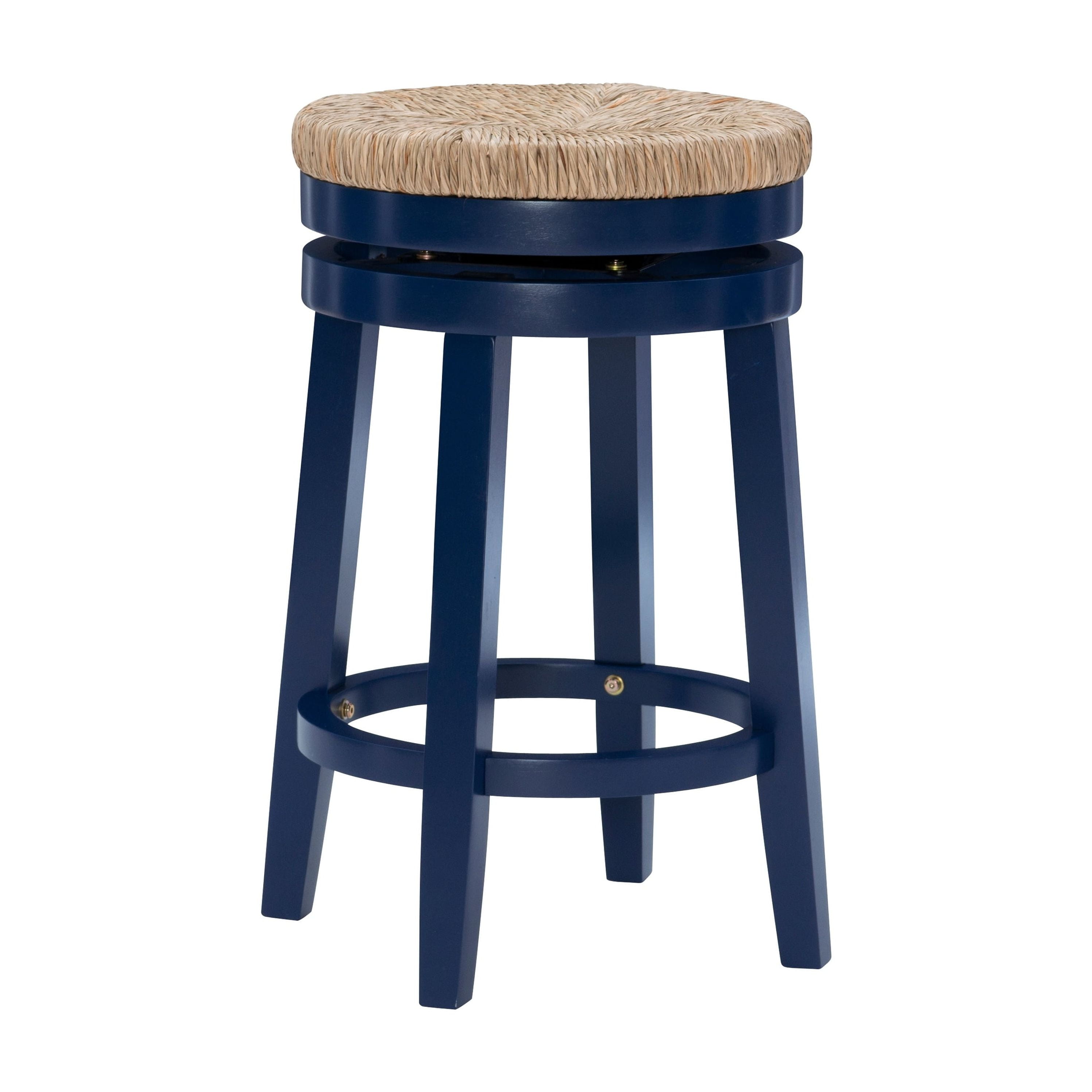 Navy Blue Rubberwood Backless Swivel Counter Stool with Seagrass Seat