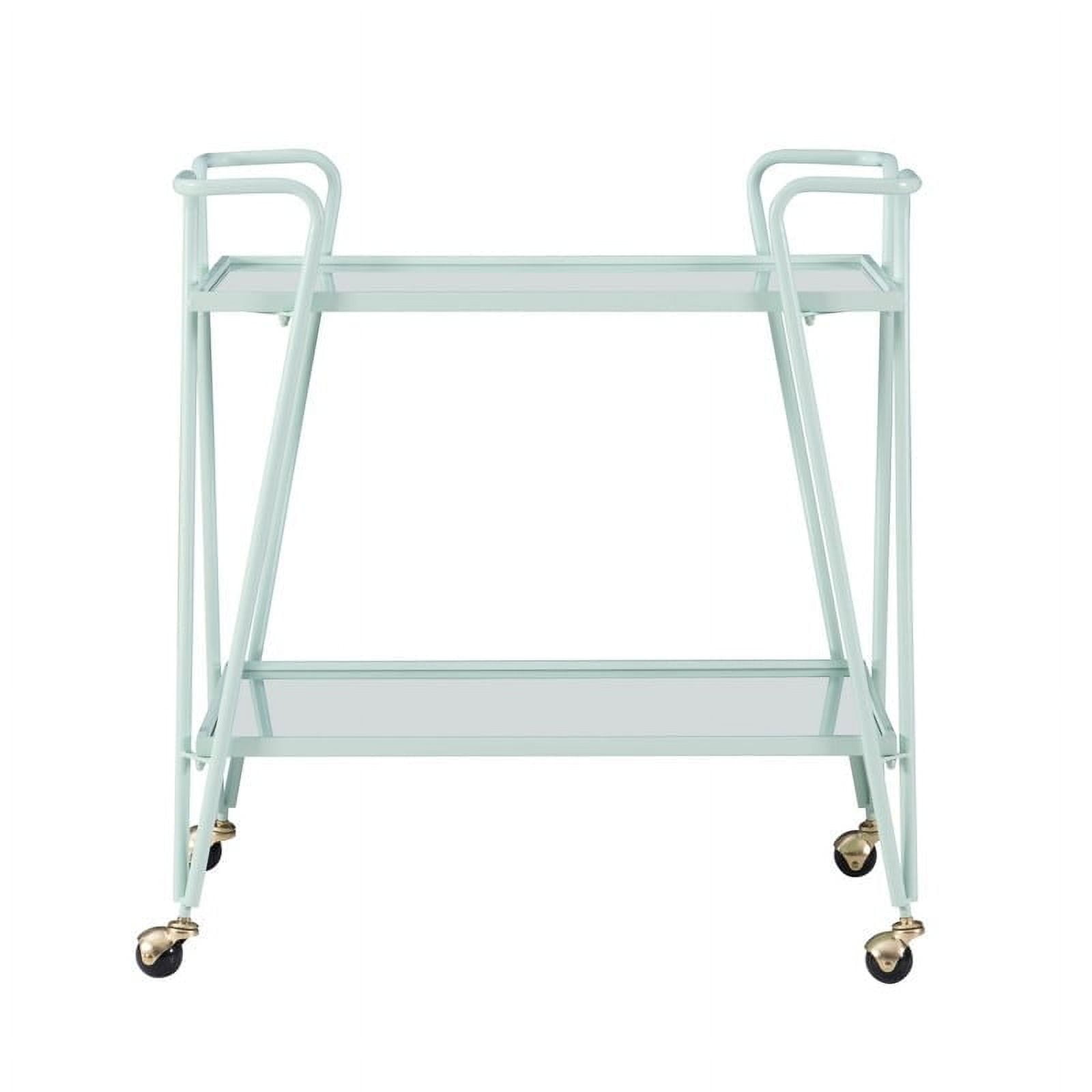 Mint Powder Coated Steel Mid-Century Modern Rolling Bar Cart with Mirrored Shelves