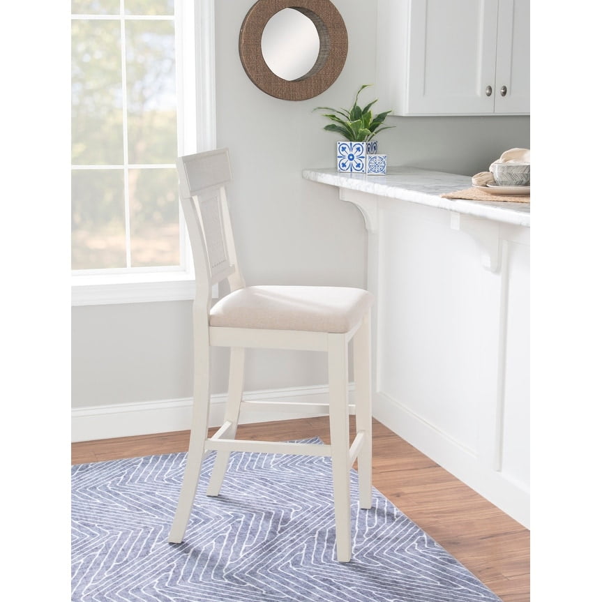Whitewash Wood Farmhouse Bar Stool with Beige Upholstered Seat