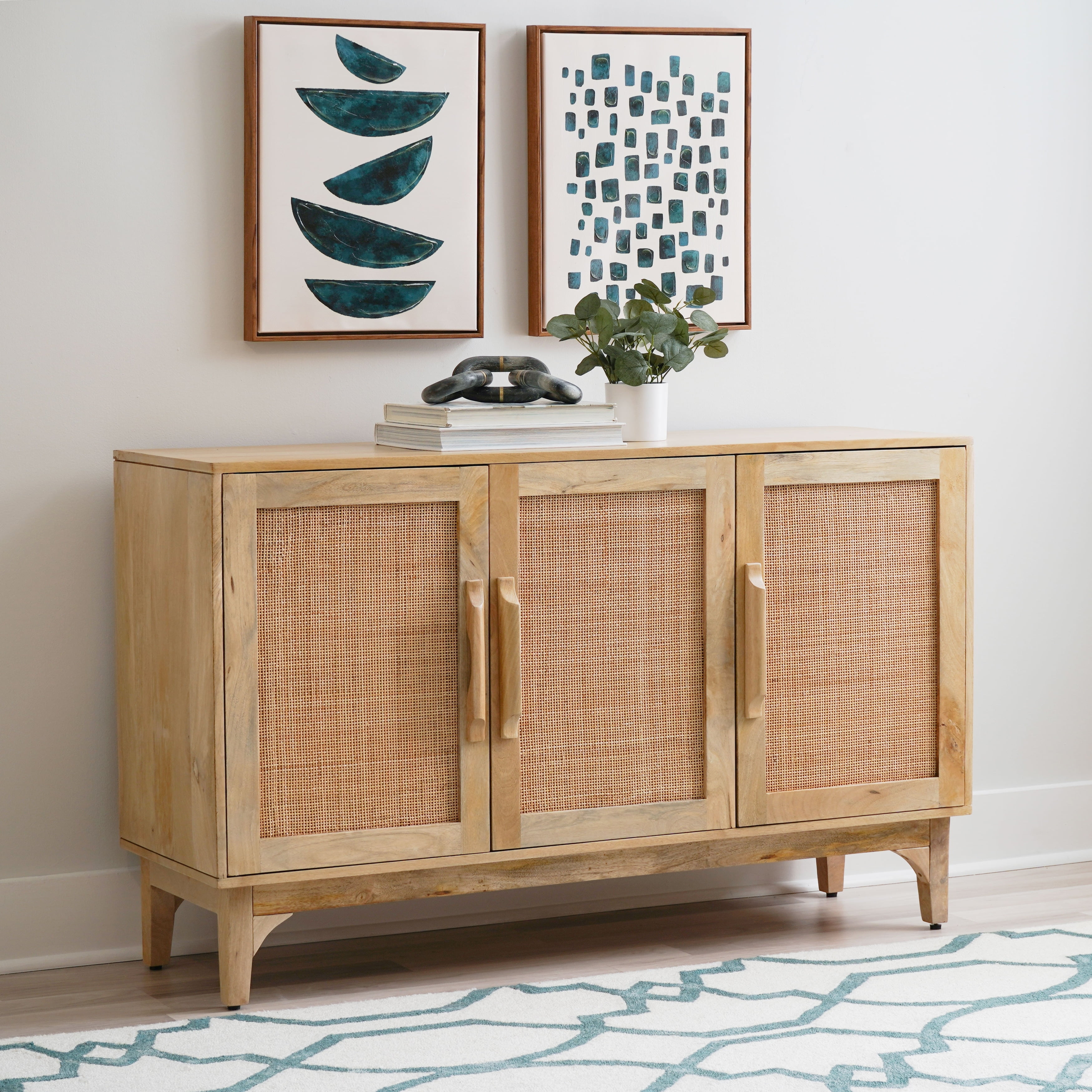 Natural Mango Wood and Cane 3-Door Cabinet