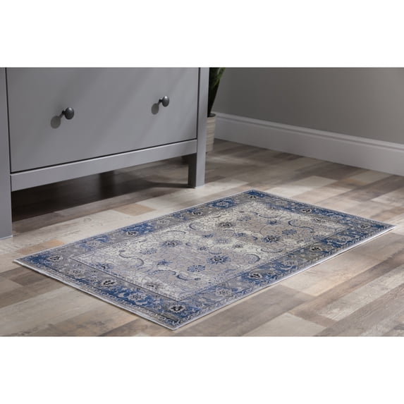 Contemporary Home Living 2' x 3' Rectangular Floral Scroll Area Throw Rug - Gray and Blue