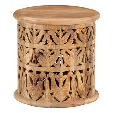Linon Ira Wood Hand Carved Side Accent Table in Natural
