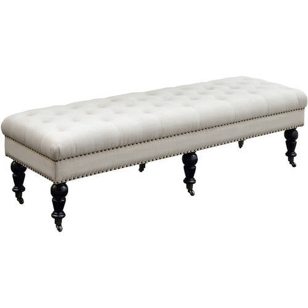 Isabelle 62'' Natural Linen Upholstered Bench with Bronze Nailheads
